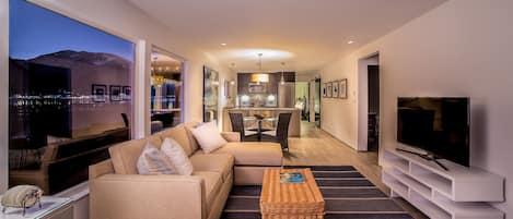 TV connectée, cheminée, livres