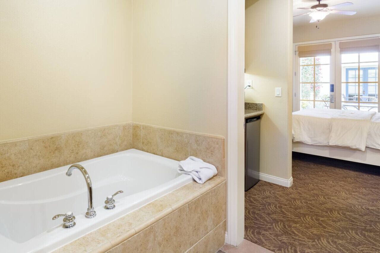 A bathroom with a bathtub, a shower, and a window with a view.