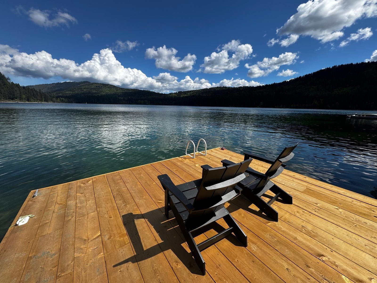 A wooden dock with a bench and a ladder, overlooking a calm lake with mountains in the background.