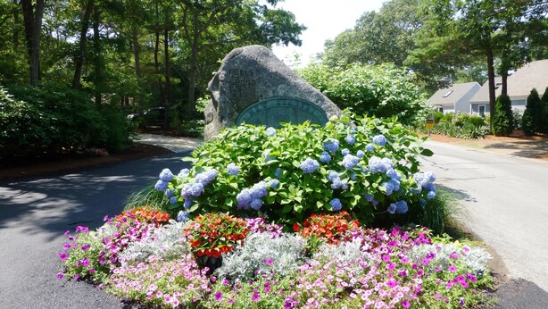 A well-maintained garden with a prominent rock inscribed with 'Fells Pond' and 'New Shady'.
