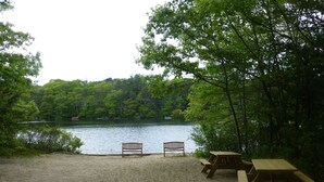 A sandy beach with two wooden benches and a picnic table, overlooking a calm lake surrounded by dense green trees.