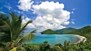A tropical beach with clear turquoise waters, a sandy shore, and lush greenery. - Villa Sirenetta-Minutes from the beach! (Tortola)