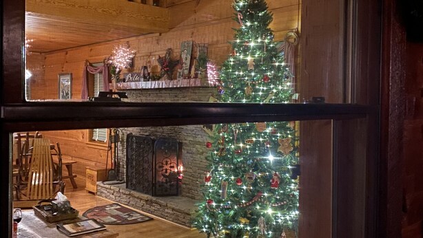 A cozy cabin interior with a wooden interior, a fireplace, and a Christmas tree.