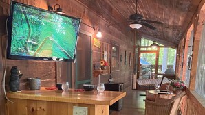 A wooden cabin interior with a wooden bar, a large TV screen, a hot tub, wicker furniture, and a view of the outdoors.