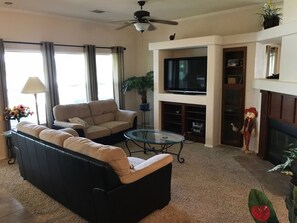 Smart TV, fireplace, video games, DVD player