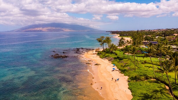 A beach with clear turquoise water, a sandy shore, and a lush green landscape with buildings in the background. - Your paradise - entire > 800 square feet apartment with affordable rate  (Kihei)