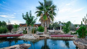 A landscaped garden with a pond, palm tree, and wooden structures. - Family-Friendly Beautiful Private Wellness Retreat / Desert Oasis (Scottsdale)