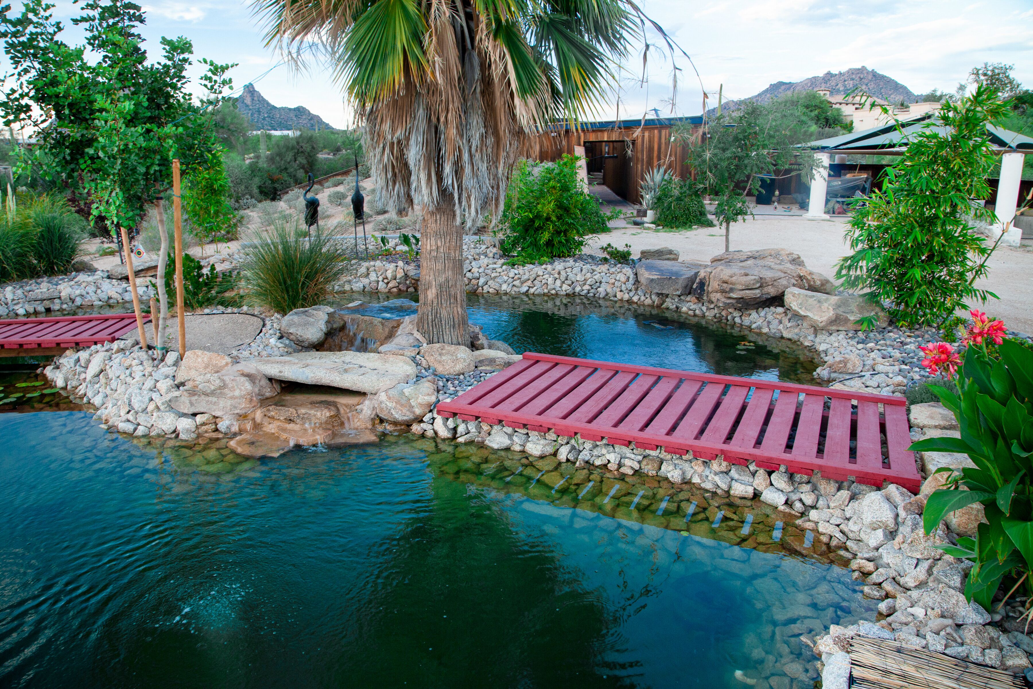 A serene outdoor pool area with a wooden deck, surrounded by rocks and plants, and a mountain in the background.