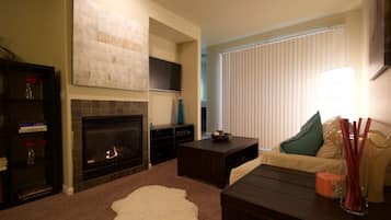 Télévision, cheminée, livres