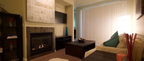 Televisión, chimenea y libros