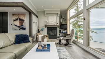 TV, fireplace, DVD player, books