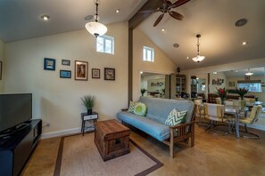 Una televisión, una chimenea, servicios de streaming