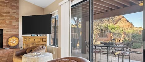 TV connectée, cheminée, lecteur de DVD, livres