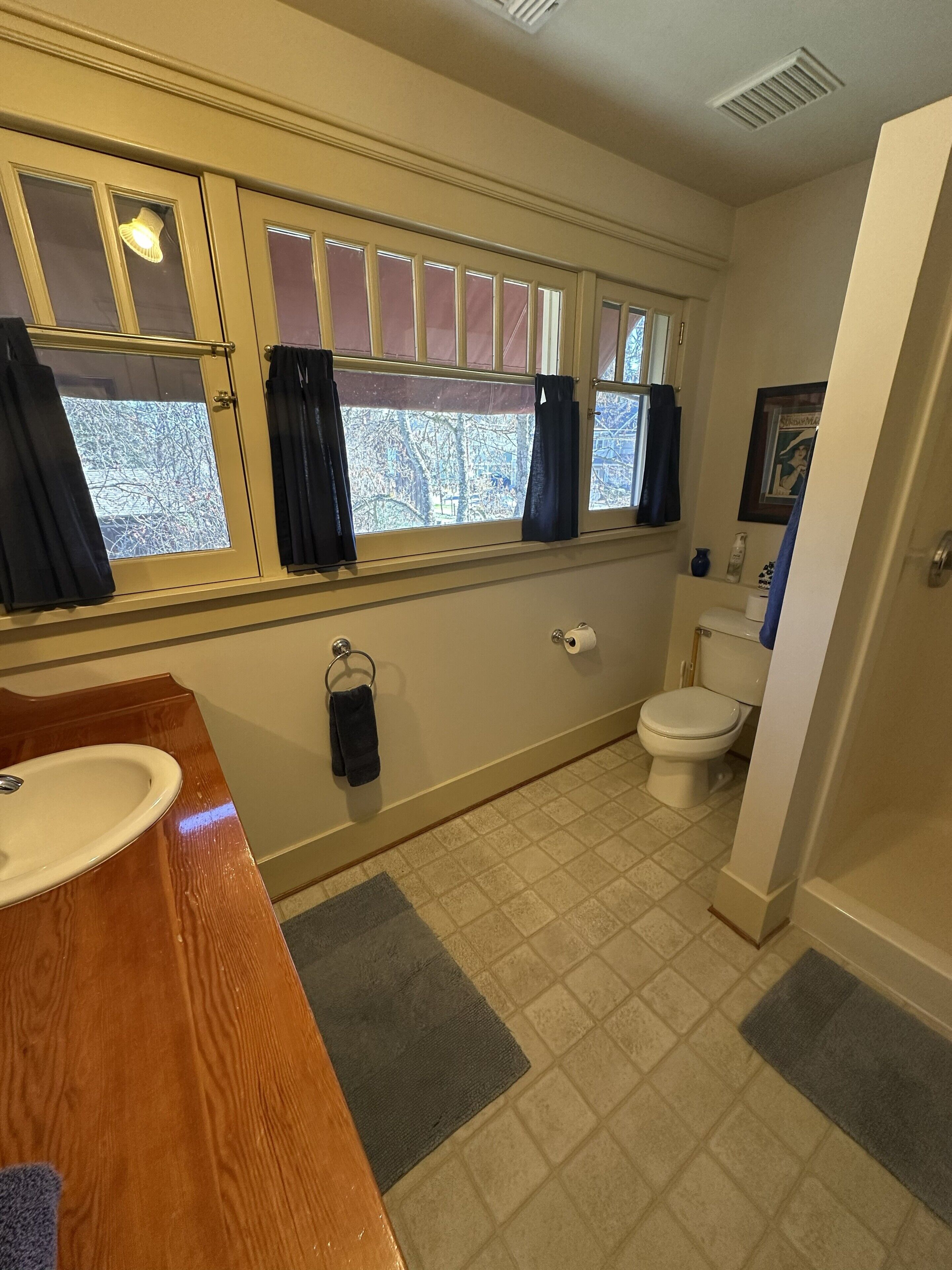 Un baño con tocador de madera, inodoro y ventana con cortinas.