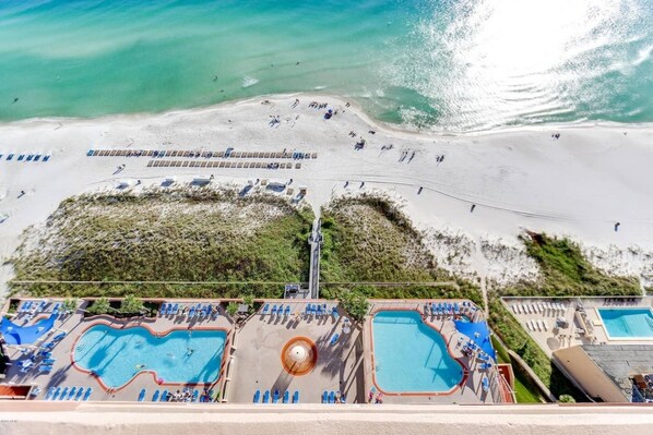 On the beach, sun loungers