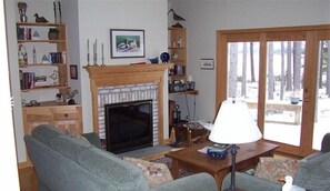 Smart TV, chimenea, reproductor de DVD y libros 
