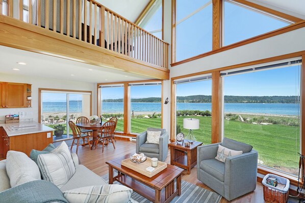 Smart TV, fireplace, books, music library