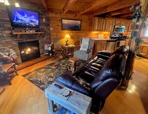 TV, fireplace, DVD player, books