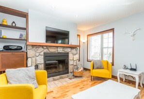 Smart TV, fireplace, DVD player, books