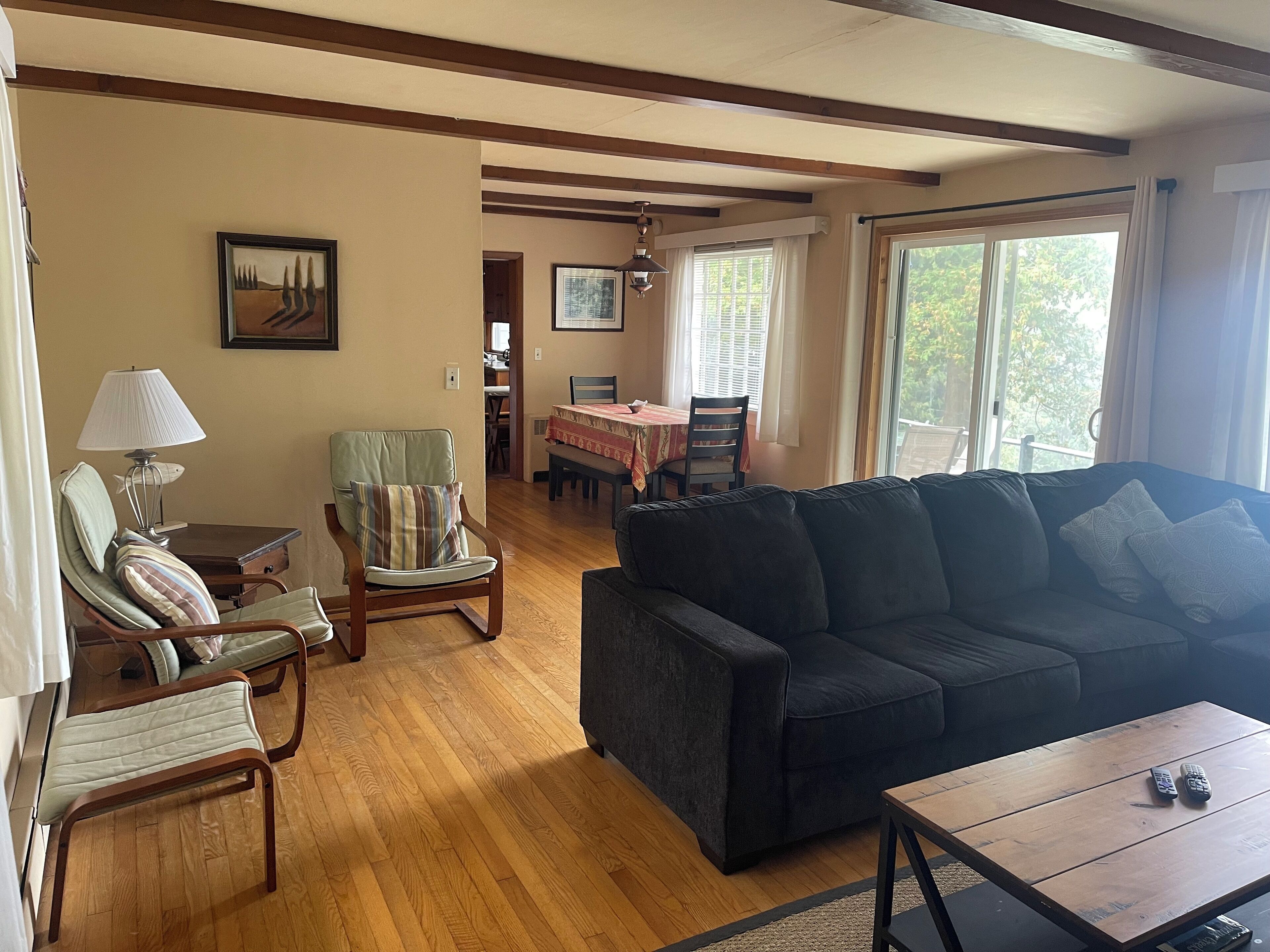 A living room with a dark grey sofa, wooden coffee table, and a dining area with a table and chairs.