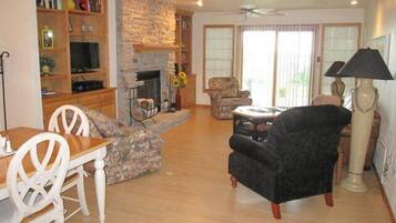 Smart TV, fireplace, DVD player, books