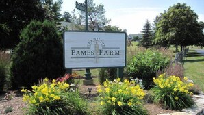 Señal de Eames Farm con borde de piedra y flores amarillas.