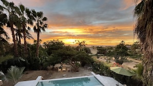 En pool med udsigt til en solnedgang, omgivet af palmer og ørkenplanter.