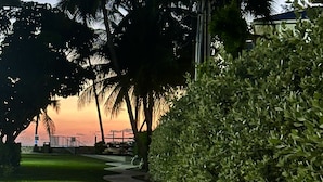 A paved pathway leading to a body of water, surrounded by lush greenery and palm trees. - Stunning Ocean View Condo steps to 7 Mile Beach-Ground Floor! (George Town)