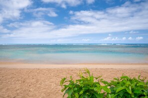Ein sandiger Strand mit klarem türkisblauem Wasser und wolkenlosem Himmel.