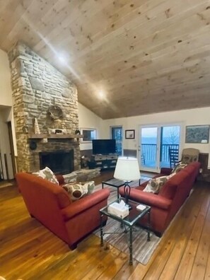 Smart TV, fireplace, DVD player, books