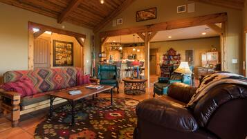 Smart TV, fireplace, books, video library