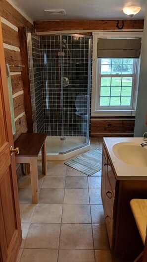 Combined shower/tub, hair dryer, towels, soap