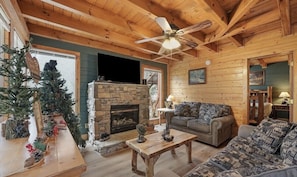 Smart TV, fireplace, video games, DVD player