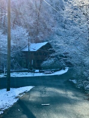 Eine verschneite Straße führt zu einer Holzhütte mit Metalldach, umgeben von kahlen Bäumen und einem Schneewal.