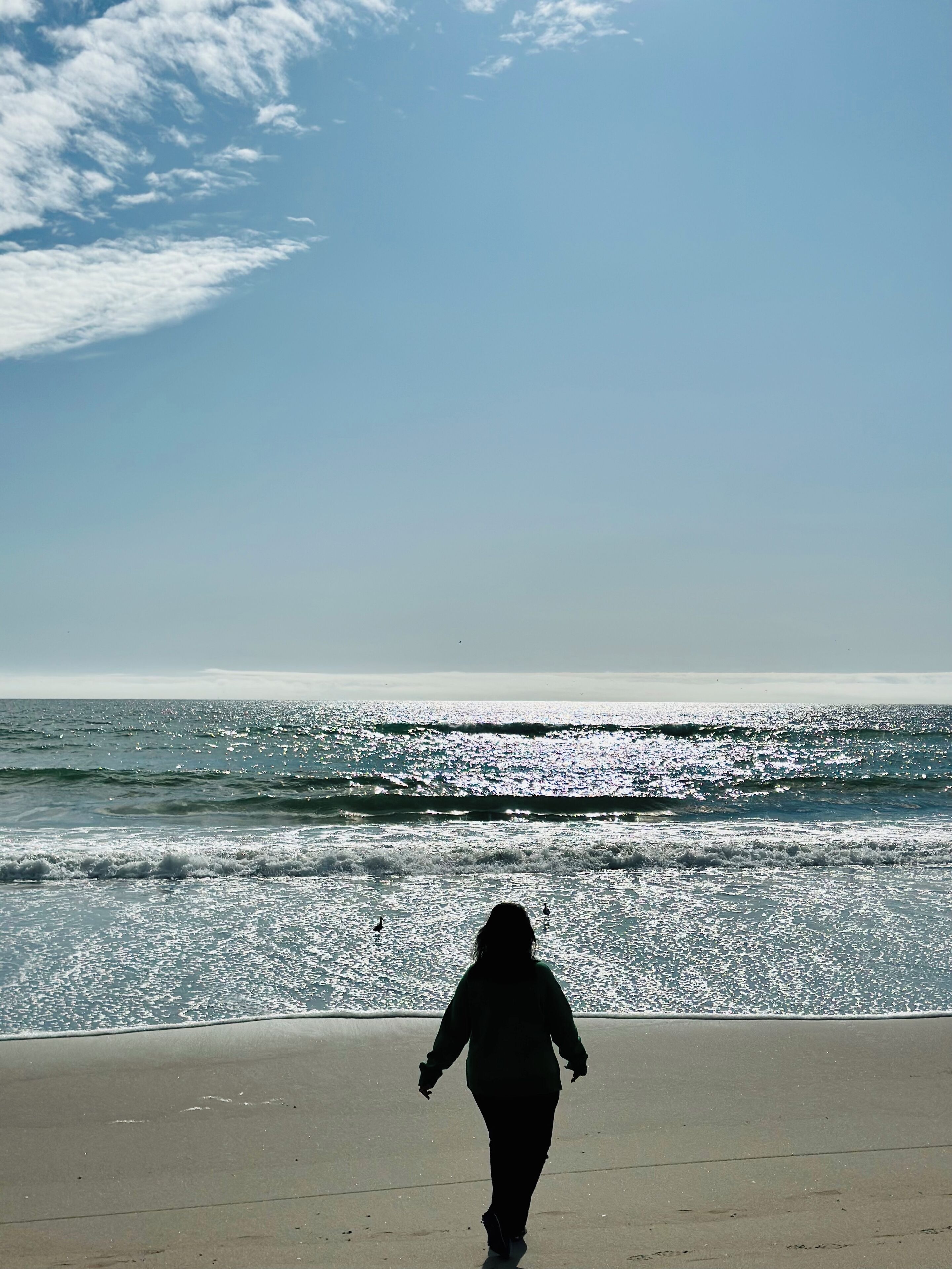 Una persona caminando sobre la playa, con olas y cielo despejado.