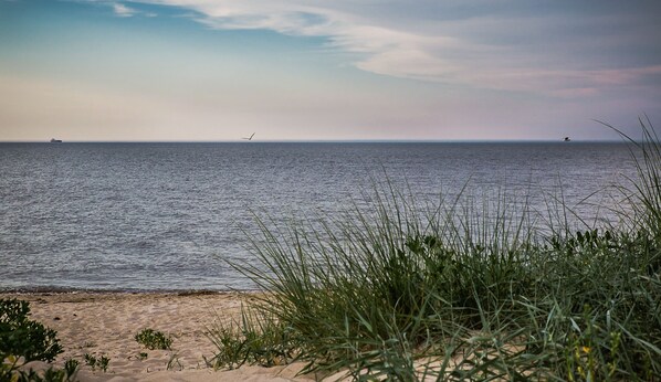 On the beach, sun loungers