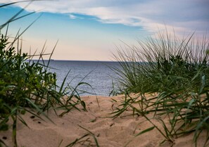 En la playa y camastros