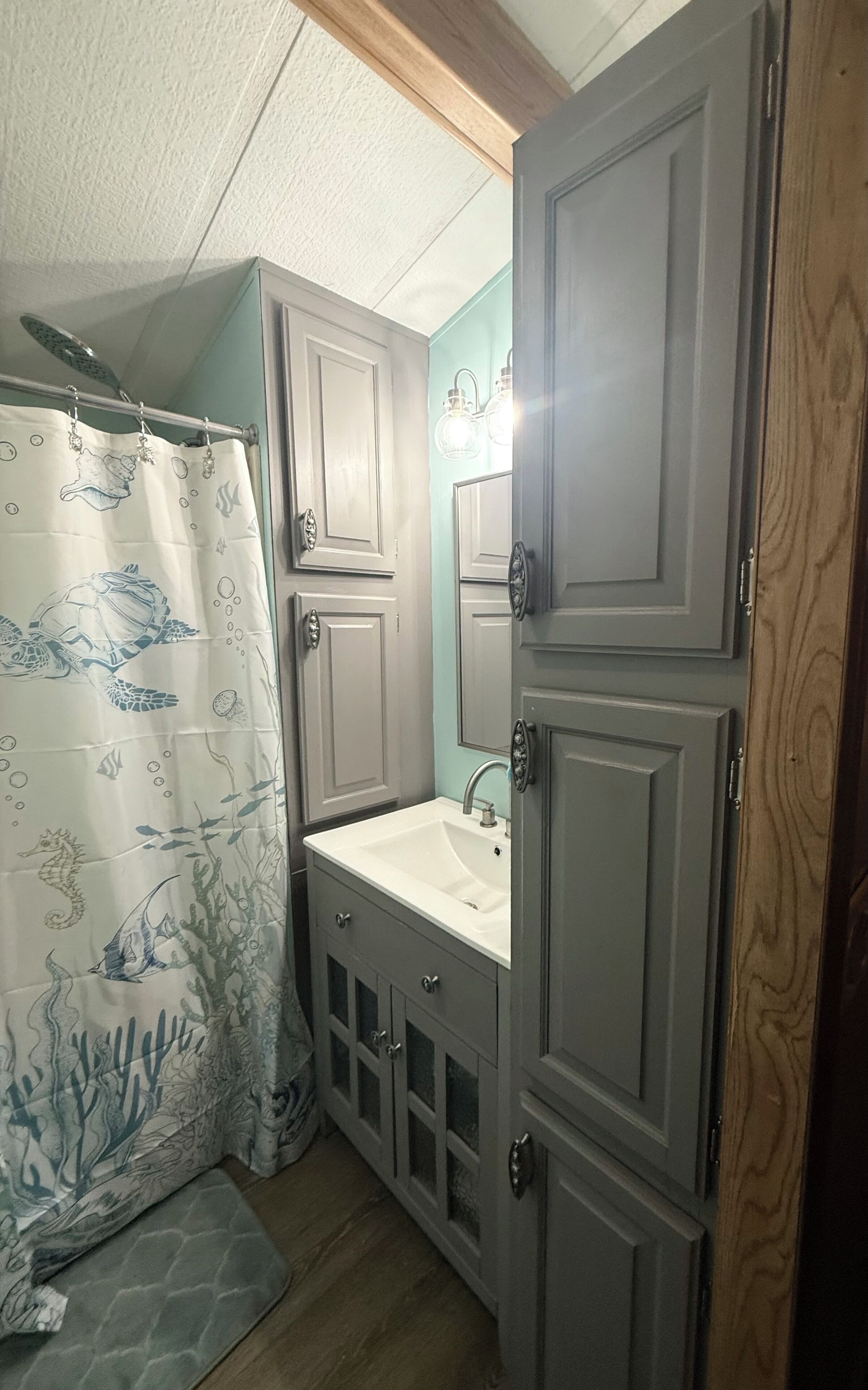 Un baño con cortina de ducha, lavamanos y armarios.
