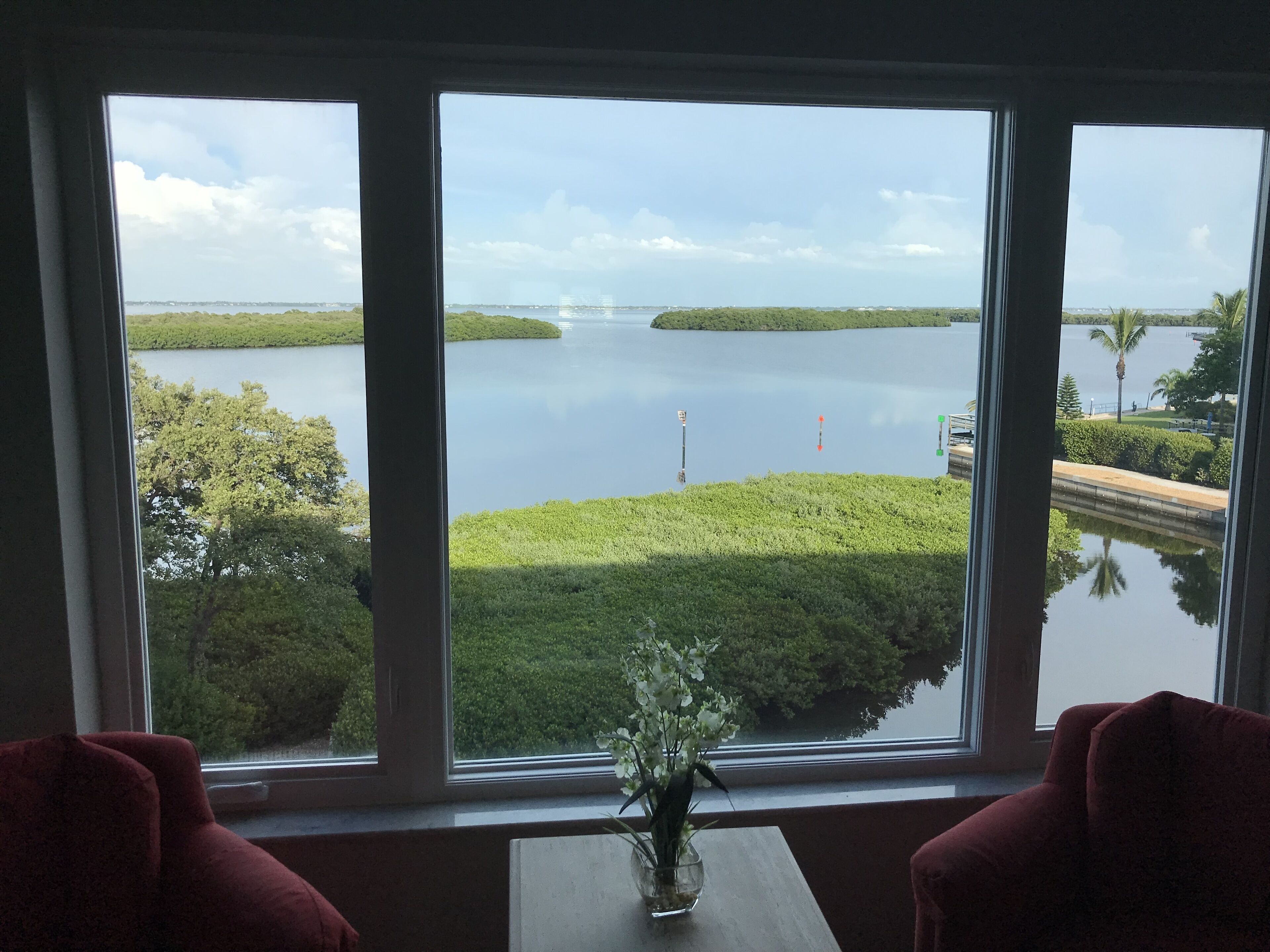 A room with large windows offering a view of a calm lake, surrounded by greenery and palm trees.