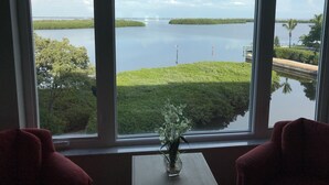 A room with large windows offering a view of a calm lake, surrounded by greenery and palm trees.
