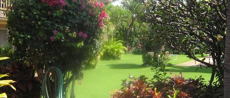 A well-maintained garden with a variety of plants and a neatly trimmed lawn.