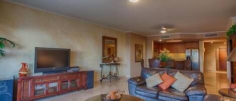 Smart TV, books, music library, stereo