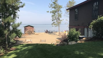 On the beach, sun-loungers