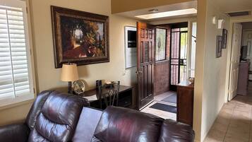 Smart TV, fireplace, DVD player, books