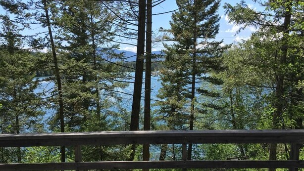 Una terraza de madera con vista a un bosque y un lago.