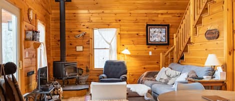 Smart TV, fireplace, DVD player, books