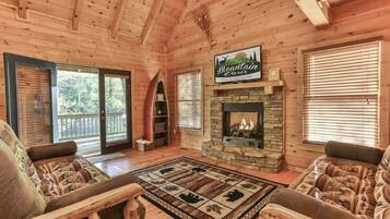 Télévision à écran plat, cheminée, lecteur de DVD