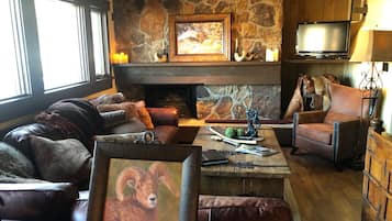 Fernseher, Kamin, DVD-Player, Bücher