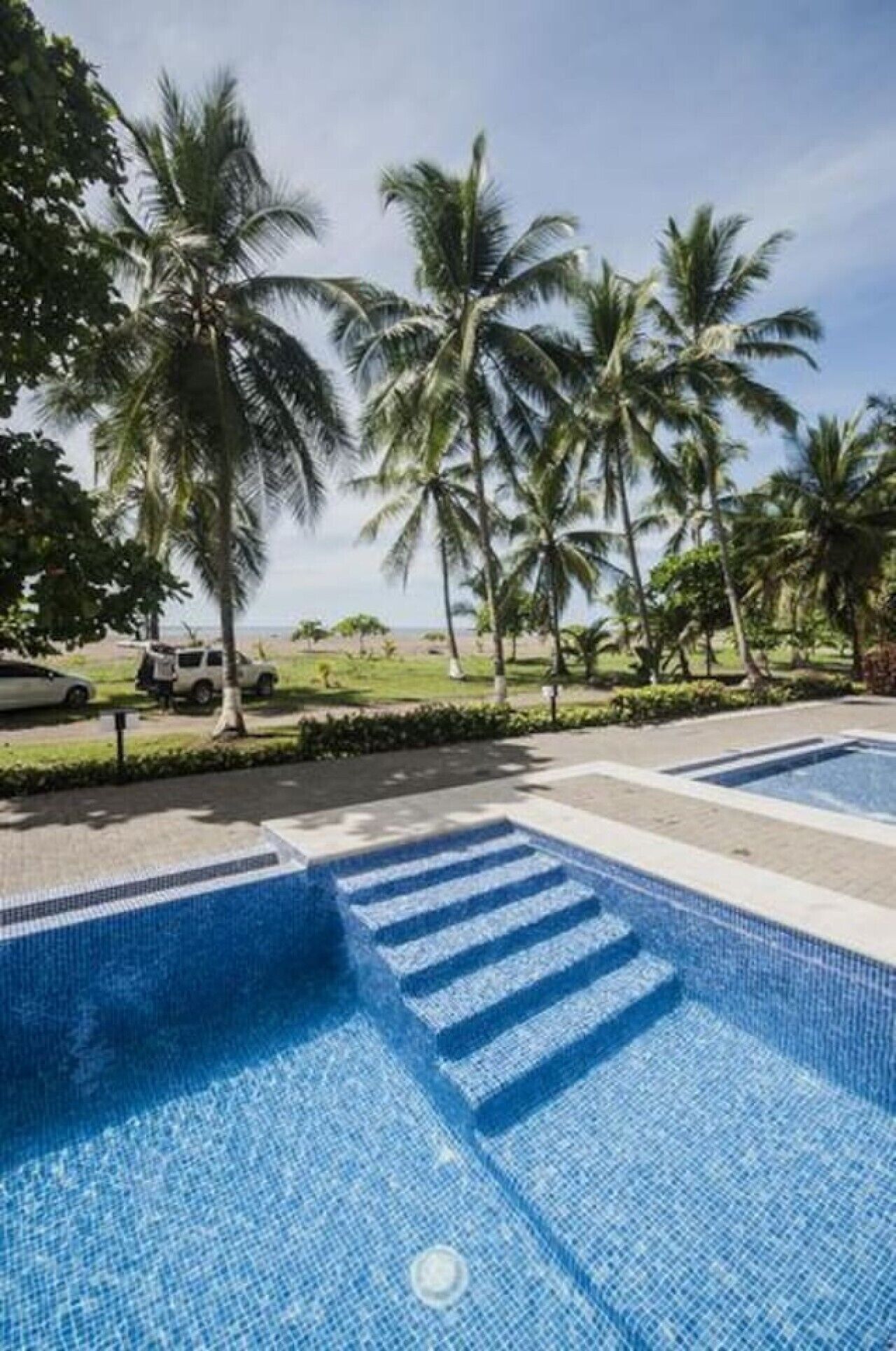 Uma piscina com água azul cristalina, rodeada por palmeiras e uma área gramada.