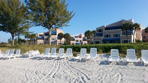A beach with white lounge chairs and a building with multiple balconies. - Breathtaking Beach Front Property Ground Floor Condo (Longboat Key)